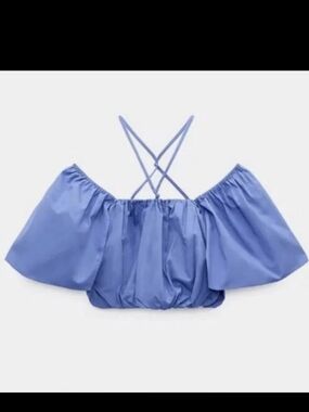 Zara Periwinkle Blue Cotton Crop Top Off Shoulder Strappy Ruched Blouse Summer S